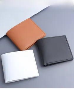 Three minimalist bifold men's wallets in brown, black, and white with litchi leather texture
