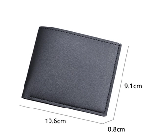 Detailed size chart showing dimensions 10.6x9.1x0.8 cm for the men's bifold wallet