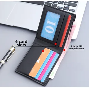Short black leather bi-fold wallet detail showing 6 card slots and 2 bill compartments