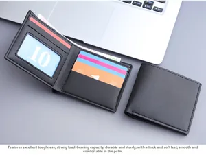 Detailed view of black bifold leather wallet with multiple card slots and durable texture
