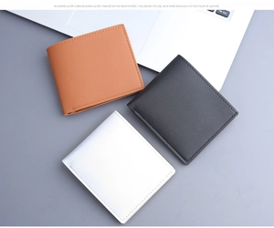 Short cowhide wallets in black, brown, and white with litchi texture and bifold design