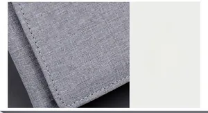 Macro detail of canvas wallet showing gray fabric texture and neat white stitching