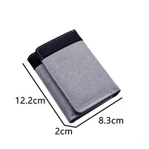 Short tri-fold canvas wallet for men in grey and black, measuring 12.2x8.3x2cm