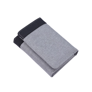 Three-fold canvas wallet for men featuring grey and black contrast stitching design