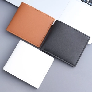 Minimalist men's bifold wallets in black, brown, and white with litchi grain texture