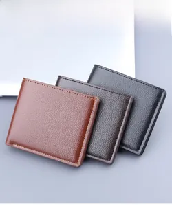 Detailed view of three bi-fold leather wallets in black, brown, and dark coffee finishes