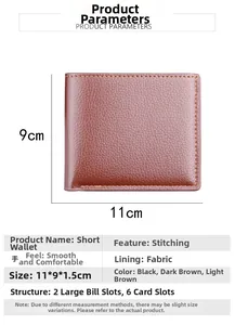 Short bifold wallet dimensions 11x9x1.5cm featuring 2 bill compartments and 6 card slots