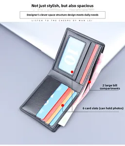 Detailed view of black litchi leather bifold wallet with 6 card slots and 2 bill compartments