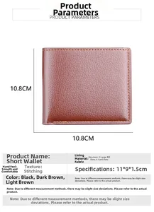 Detailed specs of men's short bi-fold wallet showing dimensions and card slot layout