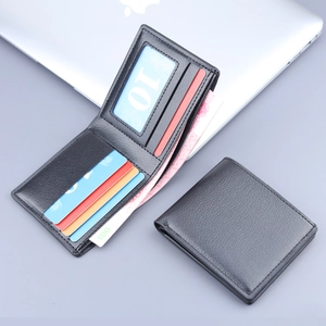 Men's bifold leather wallet set with multiple card slots and clear ID window in black