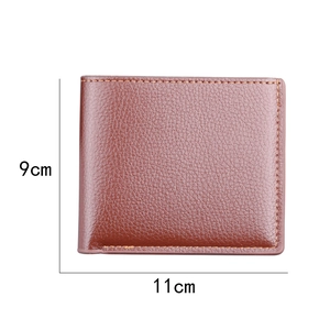 Men's minimalist dark brown bifold wallet with lychee leather texture, 11x9cm size