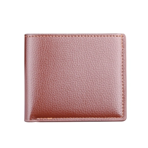 Classic men's short bifold brown leather wallet with yellow stitching on white background