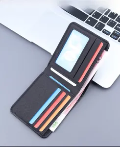 Detail view of the bi-fold canvas wallet interior showing multiple card slots and clear ID window