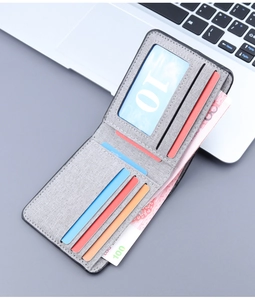 Detailed interior of a gray canvas bi-fold wallet featuring multiple card slots and an ID window