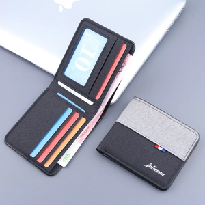 Mens bifold canvas wallet in contrast grey fabric with multiple card slots and ID window