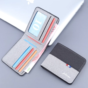 Mens canvas bi-fold wallet featuring a grey and black contrast design and card slots