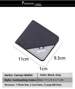 Detailed technical diagram showing 11x9.3x1cm dimensions of a slim canvas men's wallet
