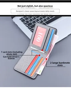 Detail view of grey canvas wallet featuring 7 card slots and 2 large cash compartments