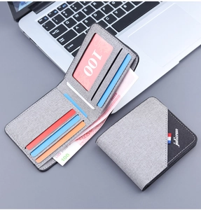 Detailed interior of a slim grey canvas wallet with multiple card slots and brand logo