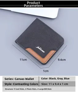 Dettaglio interno portafoglio in tela con 9 scomparti per carte e misure 11x9,4x1cm