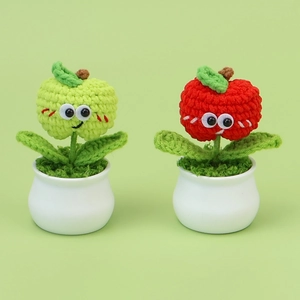 Handmade Crochet Apple Potted Plant Ornament Cartoon Smile Face Yarn Knitting Desk Decor Home Office Car Aesthetic Cute Gift