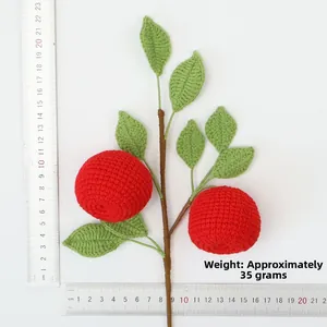 Handmade crochet apple branch with two red fruits and green leaves, weight approx 35g