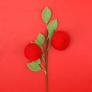 Detailed view of handmade crochet red fruits and green leaves on a brown knitted stem