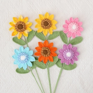 Handmade crochet sunflower and daisy flower bouquet set with green stems and leaves