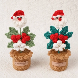 Handmade crocheted Santa Claus potted plant ornaments for festive home decoration