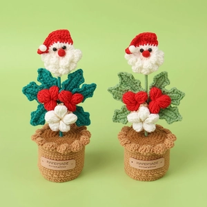 Detail of handmade crochet Santa Claus potted plants with leather handmade labels