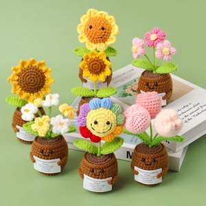 Handmade crochet sunflower and daisy potted plants with emotional support cards