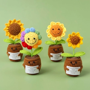 Handmade crochet sunflower potted plants set with emotional support message cards