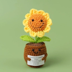 Handmade crochet sunflower potted plant with emotional support card for desk decor