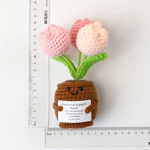 Detail of 15cm handmade crochet Lily of the Valley with emotional support plant card