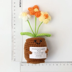 Handmade crochet flower pot measuring 14.5cm in height with cute emotional support cards