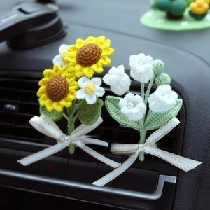 Handmade Crochet Flower Car Vent Clip Yarn Knitted Sunflower Lily Of The Valley Interior Decoration Ornament Gift