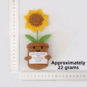 Handmade crochet sunflower potted plant with a smile, height approx 15cm and weight 22g