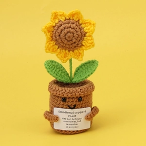 Handmade knitted sunflower plant with Emotional Support card on bright yellow background