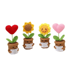 Set of four handmade crochet potted plants with sunflower, hearts and support cards