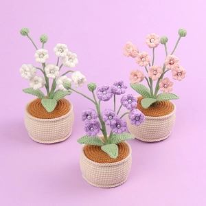 Handmade Crochet Woolen Yarn Lily Of The Valley Potted Plant With Faux Artificial Pearl Artificial Flower Home Office Desk Decor Gift