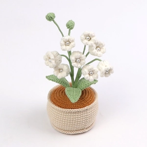 Handmade crochet lily of the valley potted plant with pearls for home desk decoration