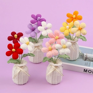 Handmade Crochet Frangipani Potted Plant Yarn Knitted Plumeria Flower With Vase Desktop Ornament Home Decoration Gift