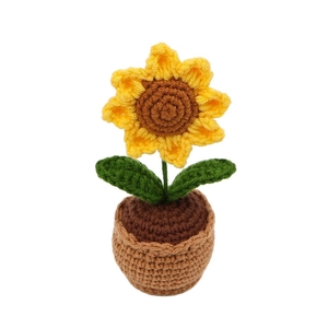 Handmade crochet sunflower in a pot, cozy knitted tabletop decoration and gift idea