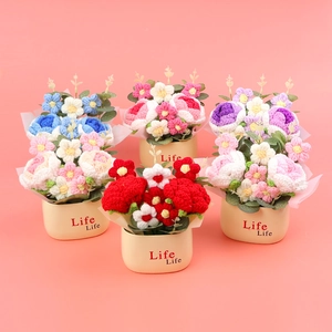 Handmade Crochet Knitted Rose Flower Potted Plant Artificial Flower Table Ornament Home Office Desktop Decoration Gift For Women