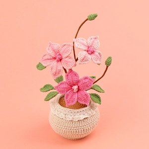 Plante en pot de clématite tricotée à la main avec fleurs roses et feuilles vertes
