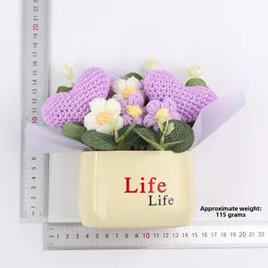 Detailed size view of handmade crochet heart potted plant with 21cm height measurement
