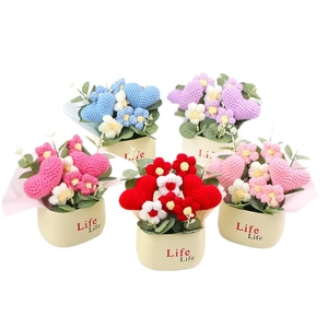 Handmade crochet potted plants with colorful hearts and mini flowers in white pots