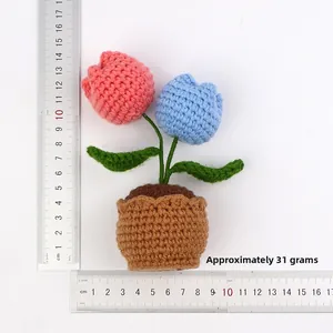 Handmade crochet pink and blue tulip potted plant decor, height 15cm weight 31g