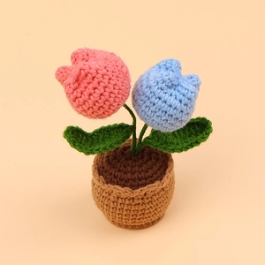 Handmade crochet tulip flower pot decoration in pink and blue for tabletop gift