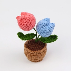 Handmade crochet tulip flower potted plant with pink and blue blossoms for desk decor